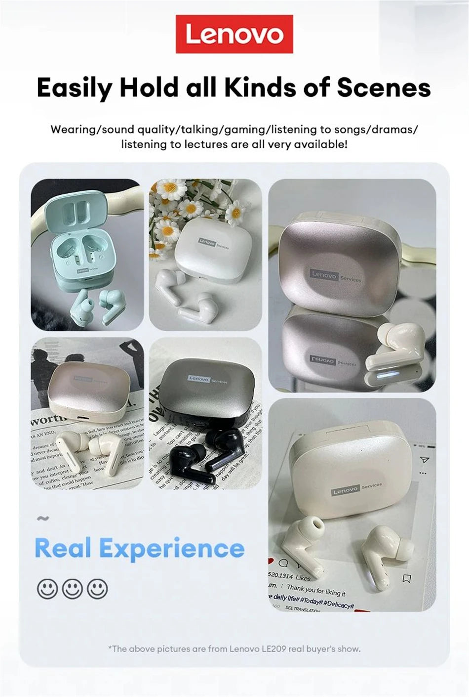 2026 Lenovo Original LE209 Wireless Earphones TWS Bluetooth 6.0 In Ear Earbuds Long Battery Life Earphones Mic Stereo ENC Noise