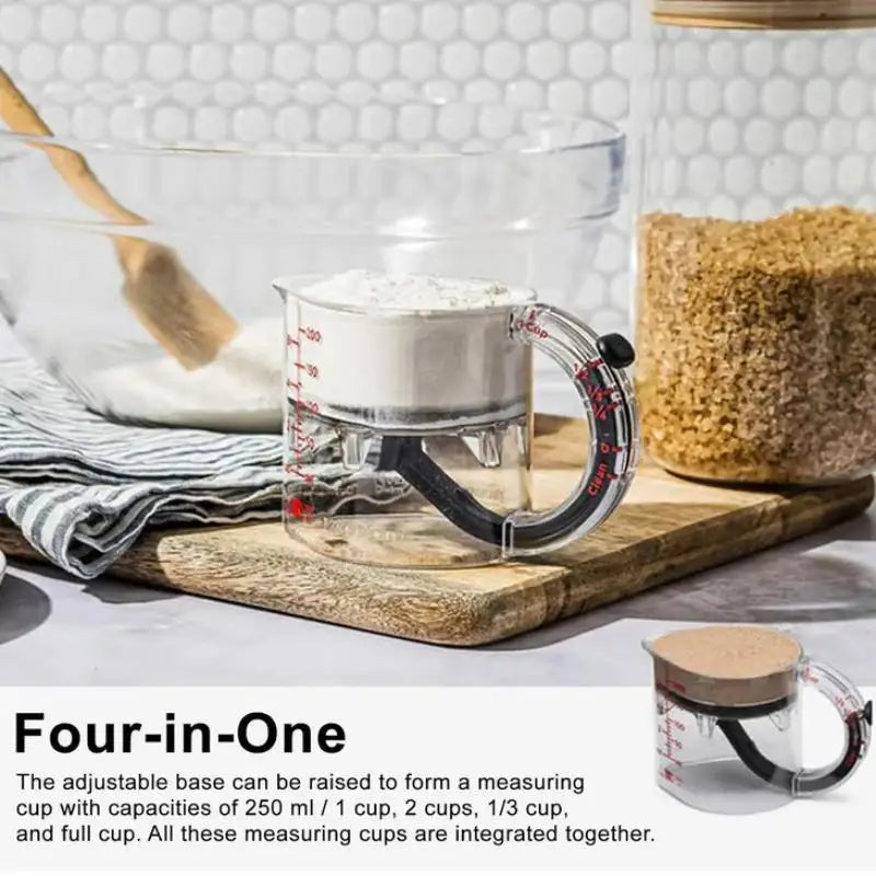 All-in-One Cooking Measuring Cup with Adjustable Base and Scraper; Essential for Every Kitchen