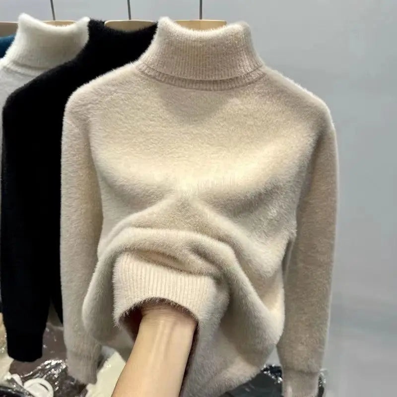 Women's Turtleneck Sweater Faux Mink Top for Women Solid Plush Thickened Warm Bottoming Shirts Basic Knitwear Thermal Pullovers