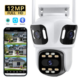 Three Lens Three Screen IP 12MP Camera WiFi External Dual Lens Auto Track Security PTZ 8MP HD Camera iCsee Video Surveillance Promise Mart