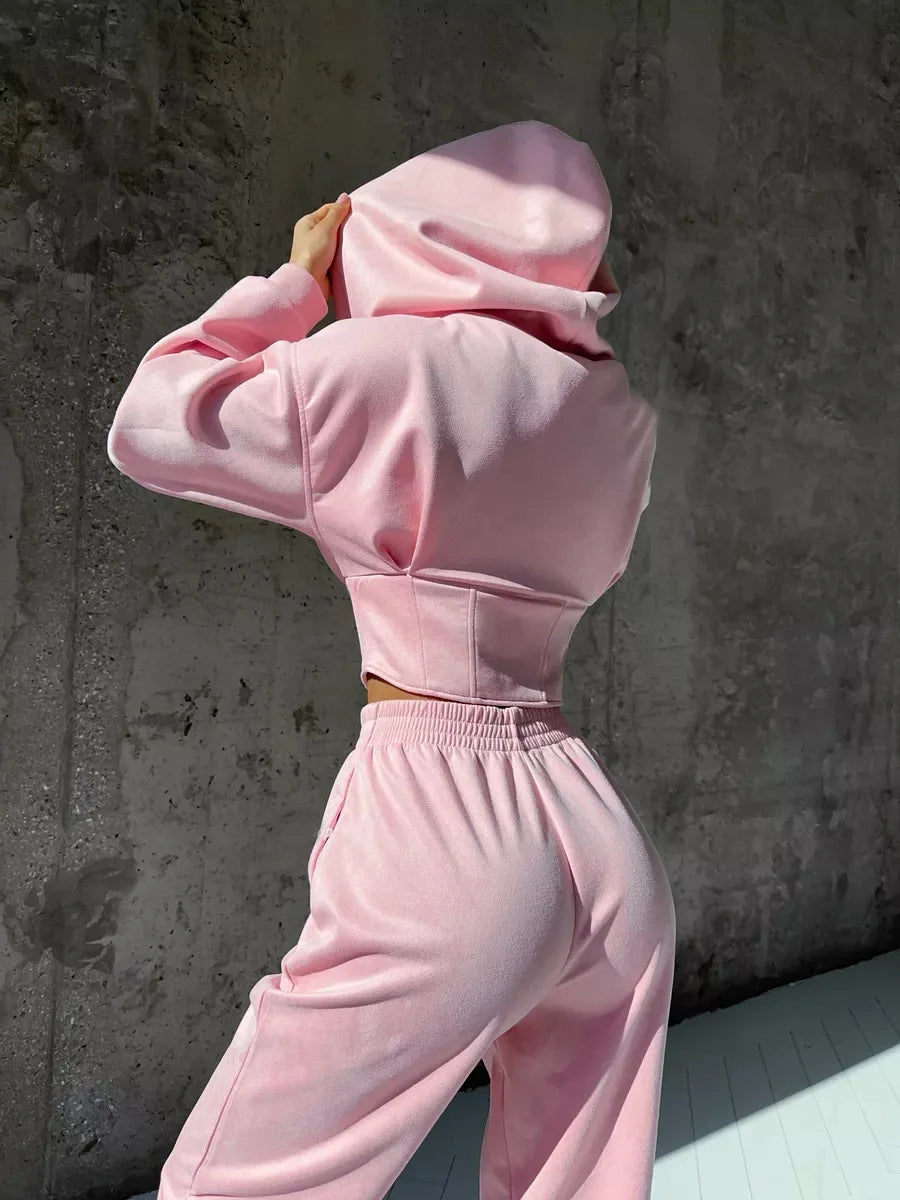 Zekye Women's Autumn Solid Color Waist-Cinched Hooded Sweatshirt Long Pants 2-Piece Sporty Casual Set Women's Tracksuit Elegant