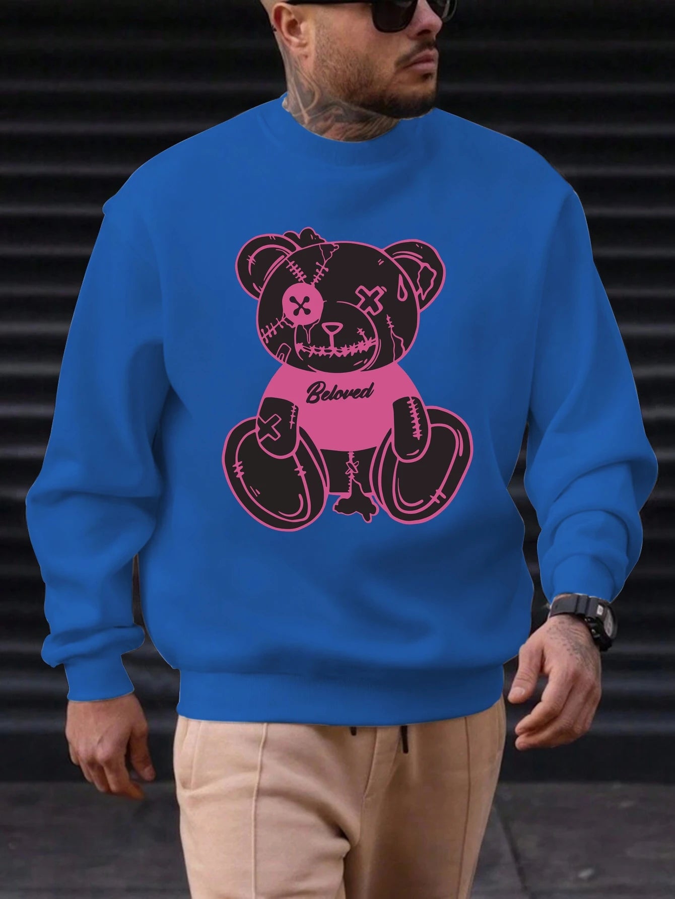 Men's Sweatshirt 2025 New Arrival Edgy Streetwear Cozy Relaxed Fit Distressed Teddy Bear 'Beloved' Quote Bold Print Graphic Top