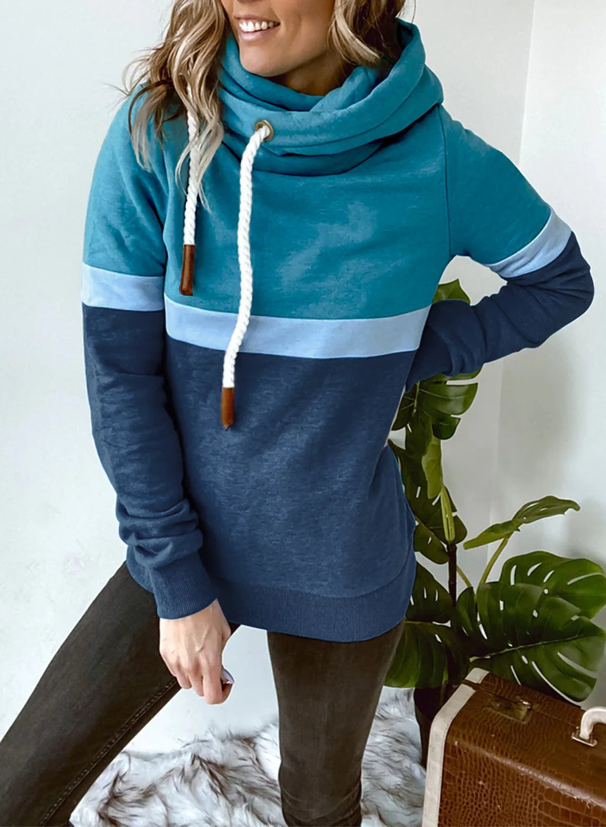 Women's sweatshirt 2024 new autumn and winter solid color stitching casual high collar hooded cross-border sweatshirt for women