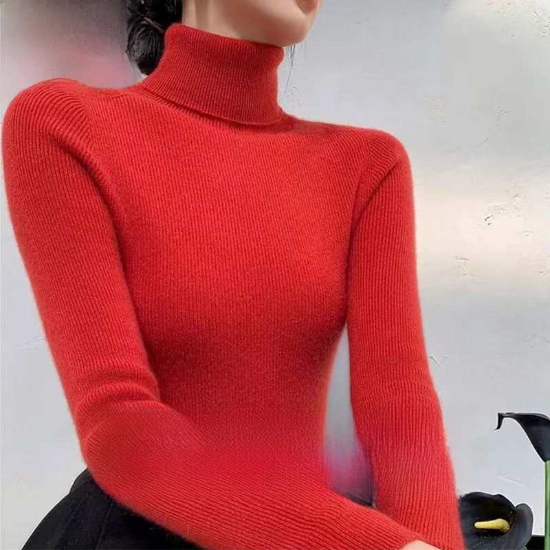 Autumn Winter Thiened Slim Fit Camere Sweater High Collar Knitted Wool Base irt Pure Color Crew Ne Sweater for Women