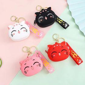 Cute Cartoon Cat Silicone Coin Purse with Keyring Kawaii Kids Coin Bag Portable Data Cable Earphone Organizer Coin Key Pouch