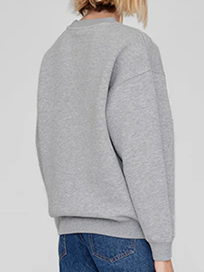 Women's sweatshirt for autumn and winter 2025, comfortable and casual round neck long sleeved gray warm pure cotton sportswear