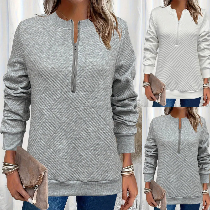 Women Spring Autumn New Style Hoodie Half Zip Design Sense Crew Neck Long Sleeve Solid Color Casual Versatile Top Promise Mart