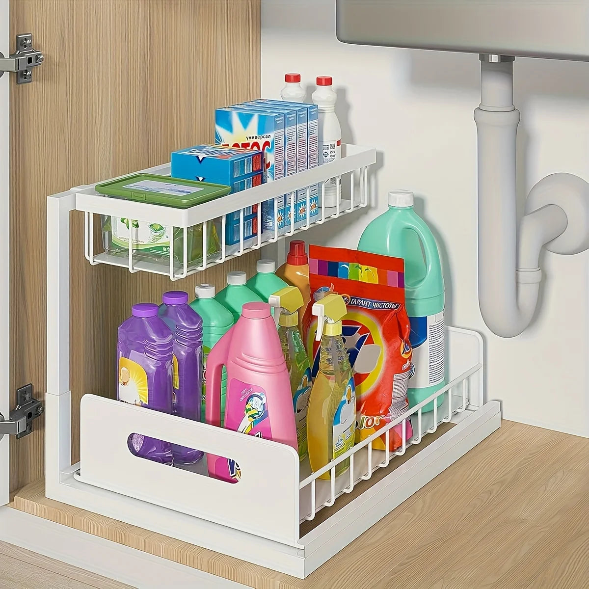 Under Sink Kitchen Storage Rack Set - Sliding Metal Drawer Organizer for Bathroom, Pantry, and Cabinets  Essential for Home Use