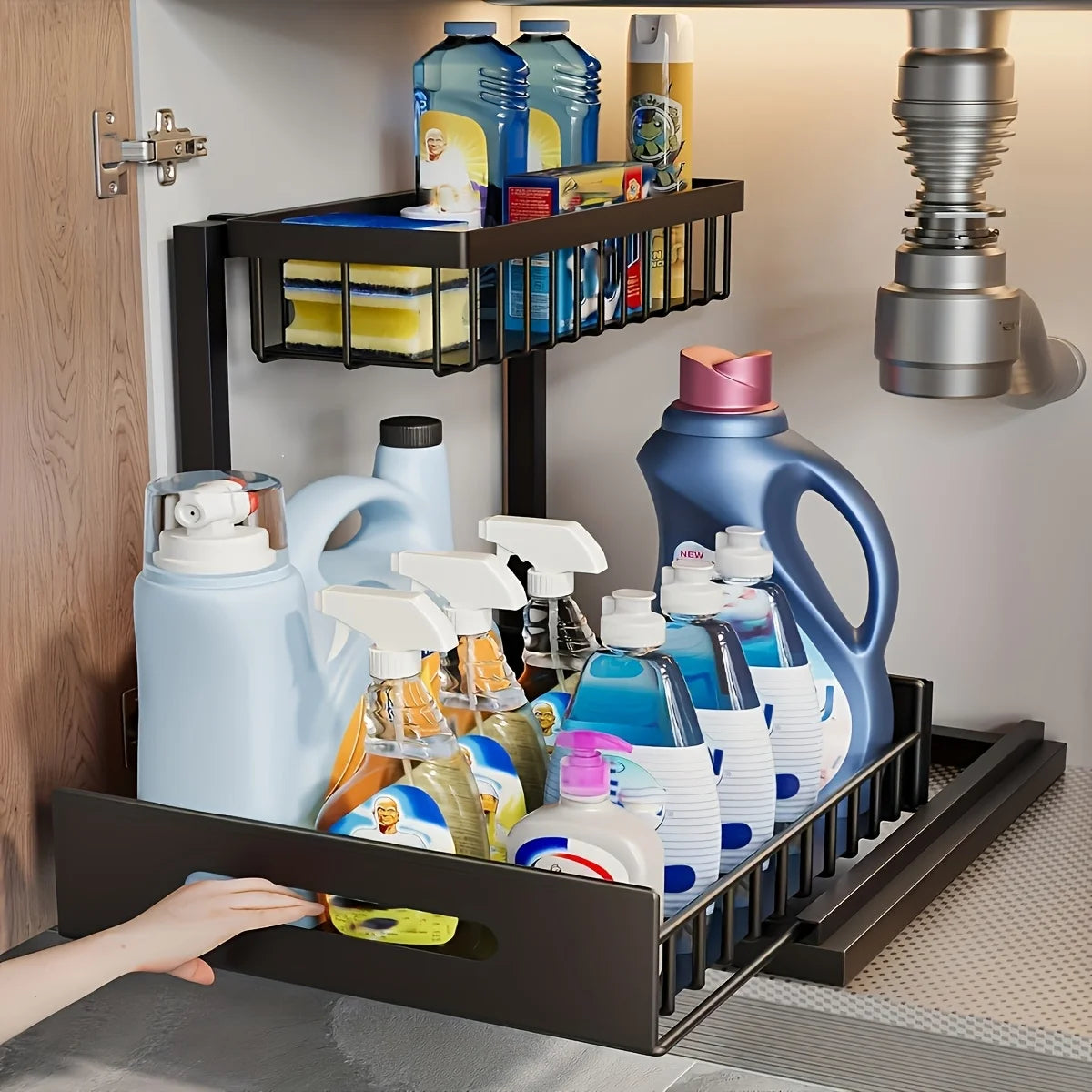 Under Sink Kitchen Storage Rack Set - Sliding Metal Drawer Organizer for Bathroom, Pantry, and Cabinets  Essential for Home Use