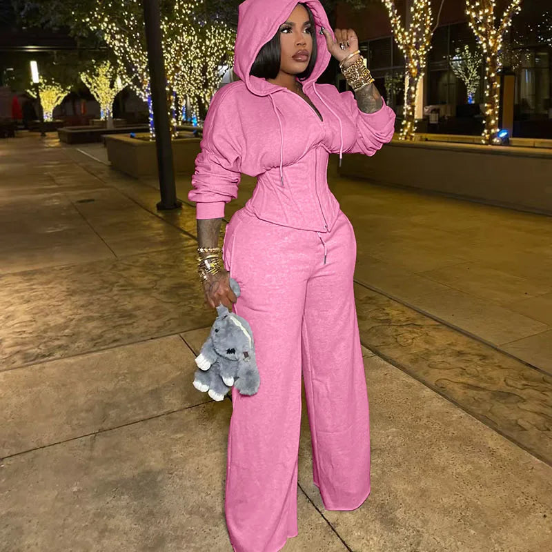 Streetwear Casual Tracksuit Woman 2 Piece Sets Sporty Zipper Hooded Lace-up Bandage Corset Jacket and Sweatpants Matching Set