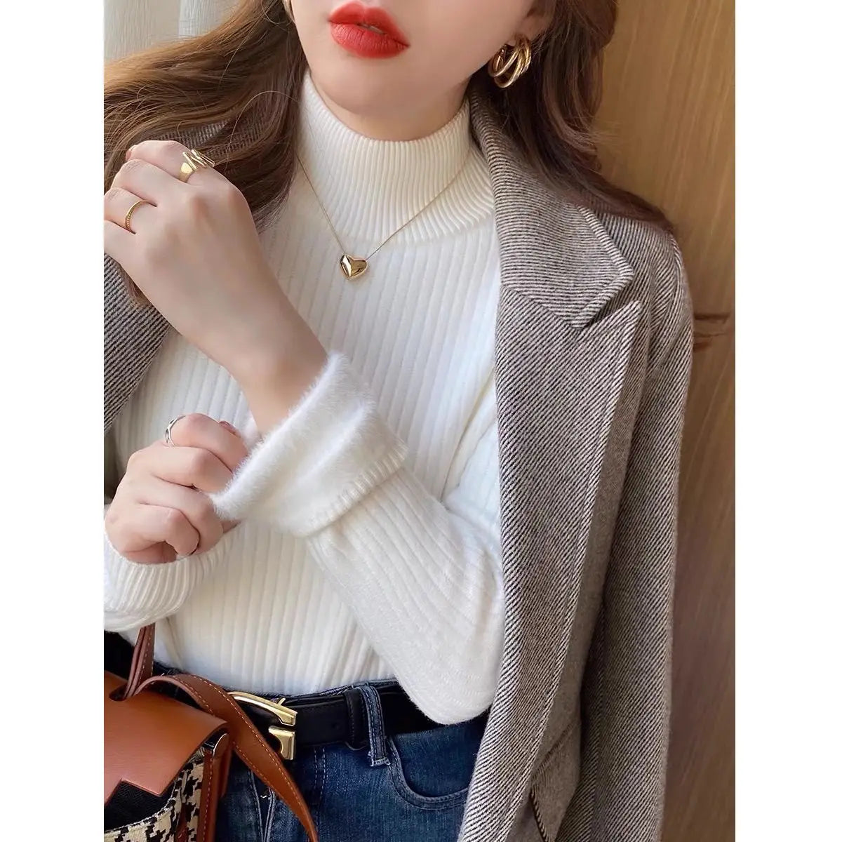plus Size Fce Lined Knitted Sweater Women's Inteated Velvet f High Collar Base irt Inner Warm Top Commute Sle Kor...