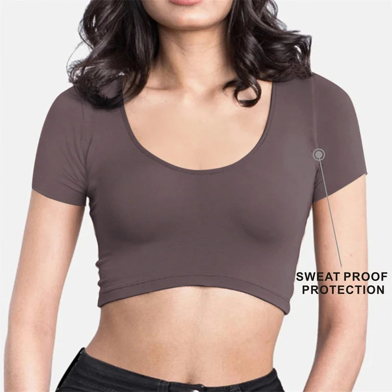 Sweat Proof Padding Anti Perspiration T Shirts Sports Gym Round Neck White Anti-Sweat Sweatproof Undershirts Crop Top