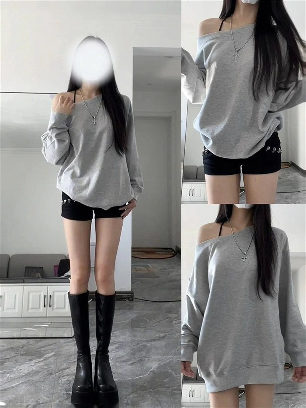 Off-Shoulder Sweatshirt Women's Spring Autumn Loose Minimalist Slimming Temperament Lazy One-Shoulder Top Sleeve Round Trend