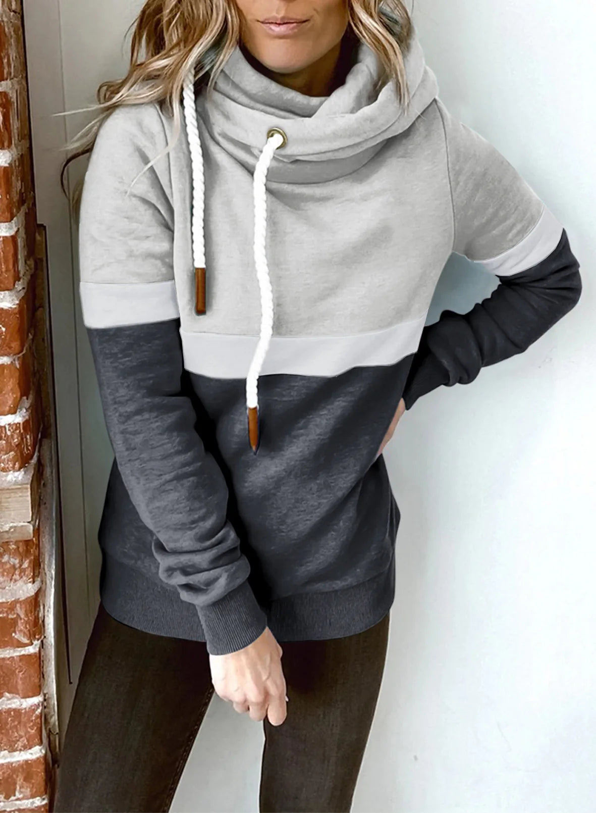 Women's sweatshirt 2024 new autumn and winter solid color stitching casual high collar hooded cross-border sweatshirt for women