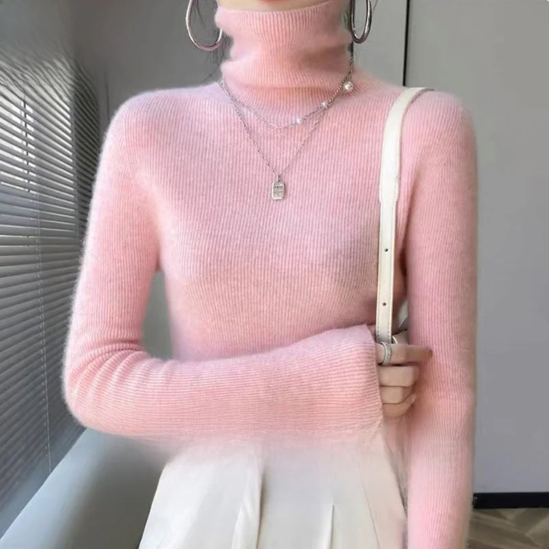 Autumn Winter Thiened Slim Fit Camere Sweater High Collar Knitted Wool Base irt Pure Color Crew Ne Sweater for Women