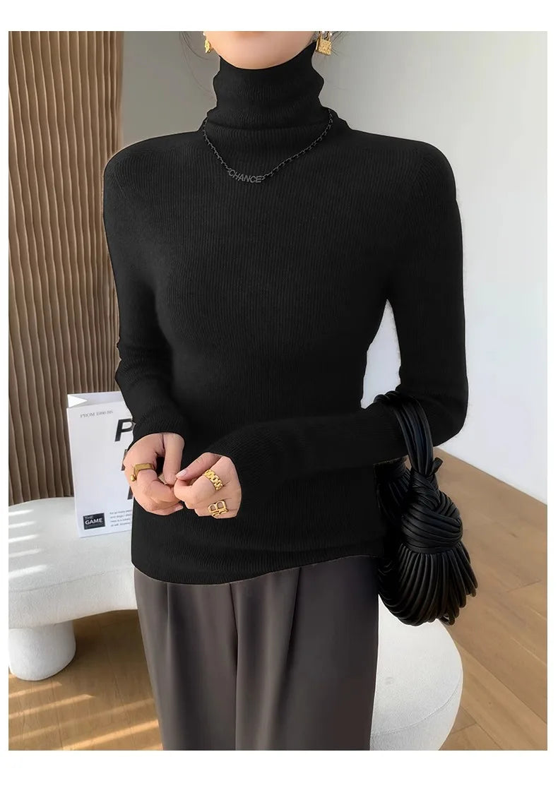 Autumn Winter Thiened Slim Fit Camere Sweater High Collar Knitted Wool Base irt Pure Color Crew Ne Sweater for Women