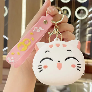 Cute Cartoon Cat Silicone Coin Purse with Keyring Kawaii Kids Coin Bag Portable Data Cable Earphone Organizer Coin Key Pouch