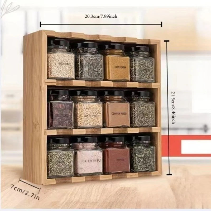 Wooden Kitchen Organizer 12-Grid Multi-Layer Spice Rack Home Essentials Multi-Function Condiment Storage Shelf with Storage Jars