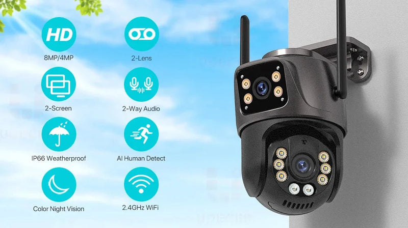 4K Outdoor Surveillance Camera Wifi 8MP Dual Lens Dual Screen 360 PTZ Webcam Motion Detection Auto Tracking IP Camera CCTV Icsee Promise Mart