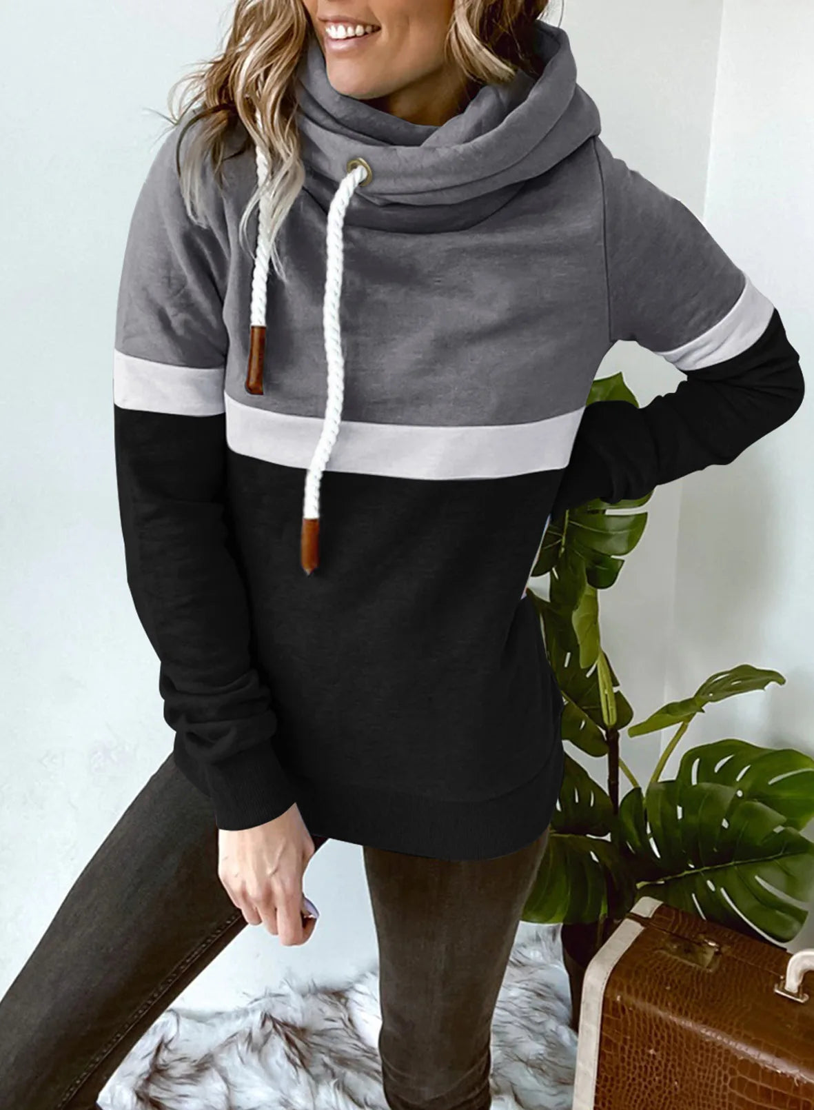Women's sweatshirt 2024 new autumn and winter solid color stitching casual high collar hooded cross-border sweatshirt for women