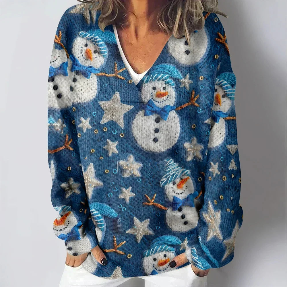 Women Sweatshirts Vintage Santa Claus Printed Oversized Deep V Neck Winter Tops Elegent Pullovers Long Sleeve Loose Jumper