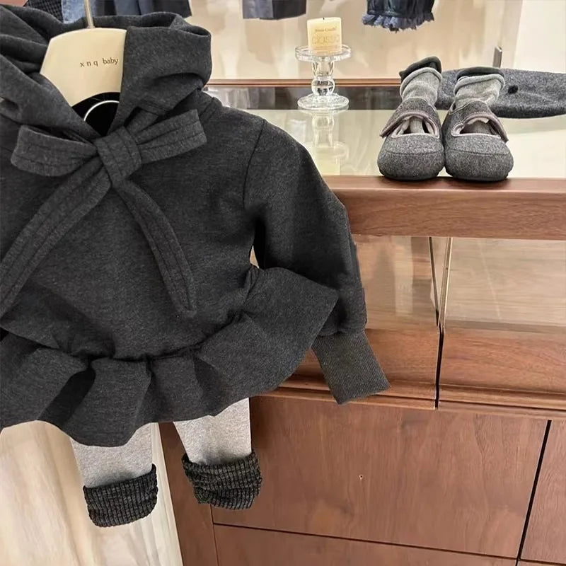 Girls Sweatshirt 2025 Autumn Winter Korean Style Fashion Cute Lovely Dark Gray Solid Color Ruffles Long Sleeve Hoodie