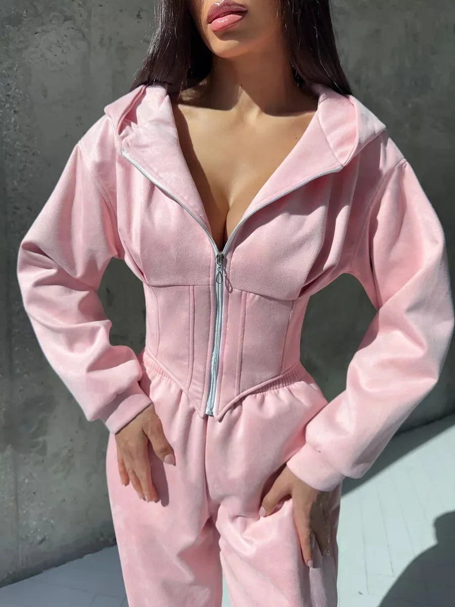 Zekye Women's Autumn Solid Color Waist-Cinched Hooded Sweatshirt Long Pants 2-Piece Sporty Casual Set Women's Tracksuit Elegant