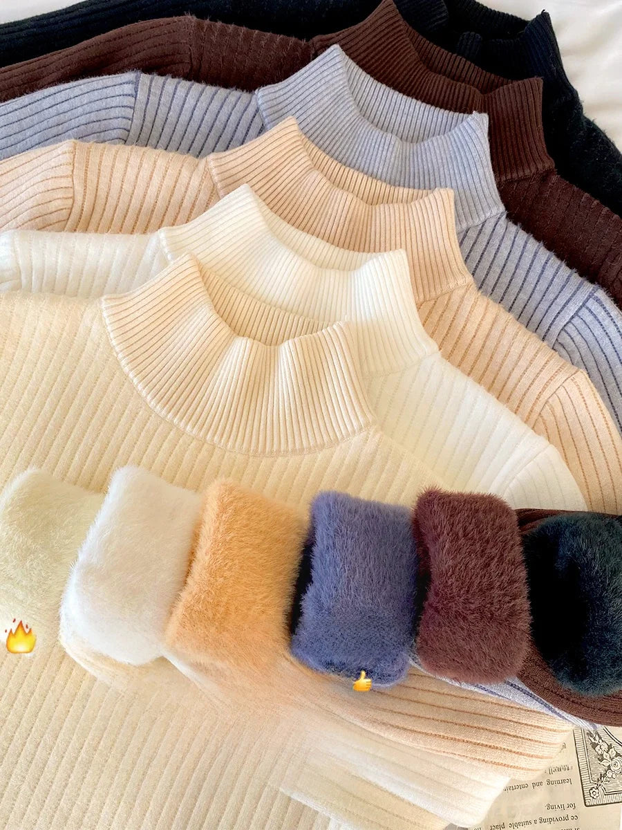 Women's Fce Lined Thiened Autumn Winter Knitwear f High Collar  Velvet Inner irt Warm Top White Color