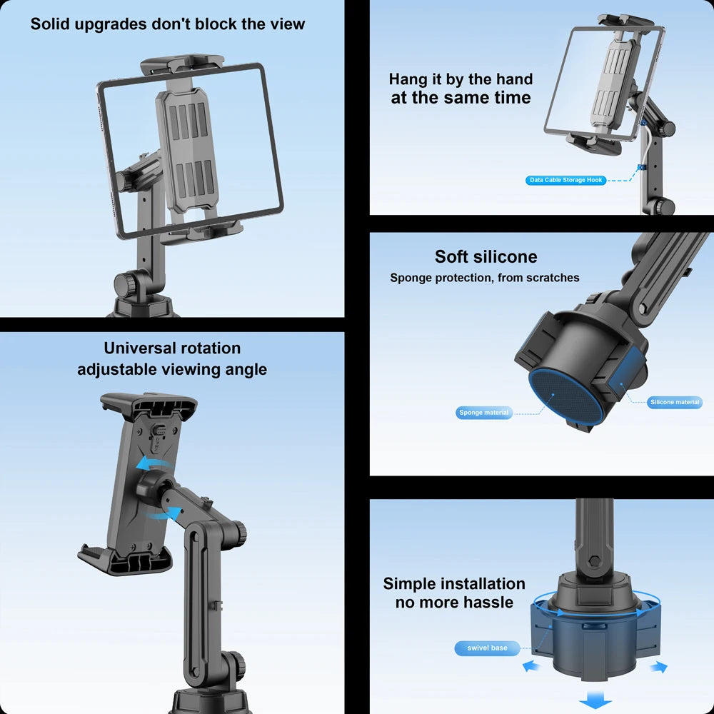 Car Tablet Stand Cup Slot 360 Adjustable Smartphone Holder 270 Tilt Bar Triangular Base Ram Mount SUV Tools for Ipad Pro 11 Air