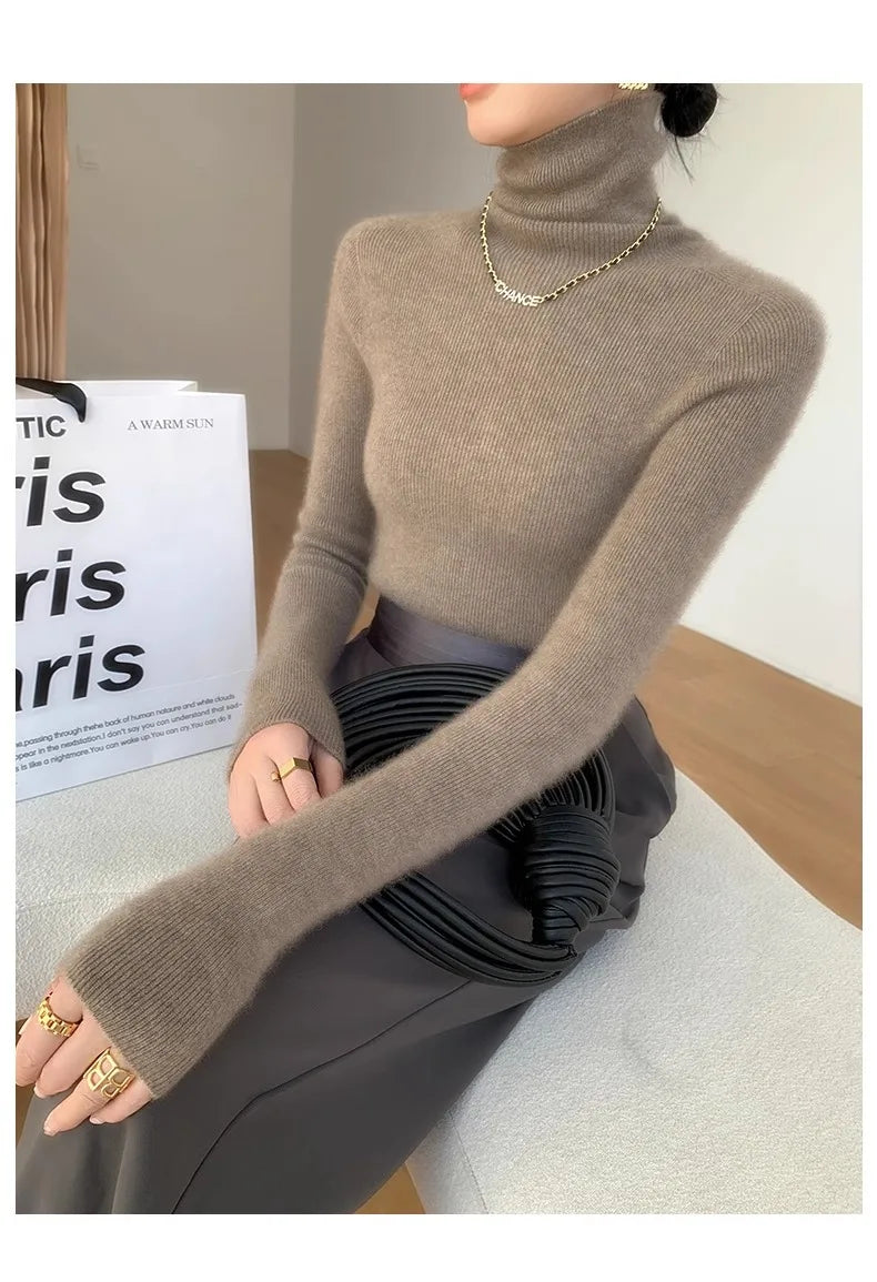 Autumn Winter Thiened Slim Fit Camere Sweater High Collar Knitted Wool Base irt Pure Color Crew Ne Sweater for Women