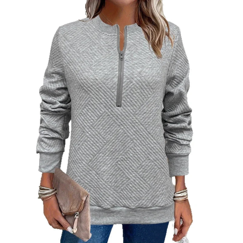 Women Spring Autumn New Style Hoodie Half Zip Design Sense Crew Neck Long Sleeve Solid Color Casual Versatile Top Promise Mart