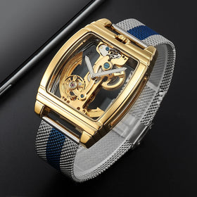 SHENHUA Mens Watches Top Brand Luxury Automatic Mechanical Transparent Skeleton Bridge Watch Steel Wristwatch Male Clock
