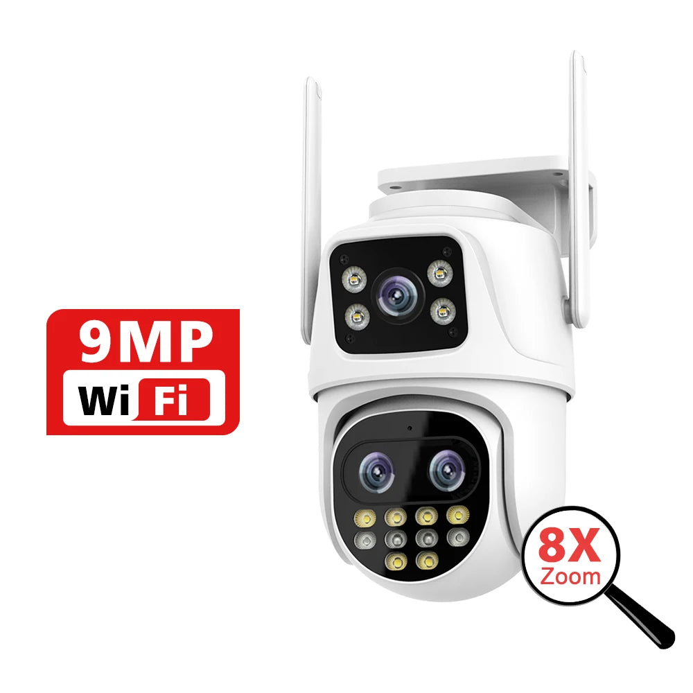 Wifi Surveillance Camera Outdoor PTZ 9MP Three lens 8X Digital Zoom AI Auto Tracking Humanoid Detection 4MP Security Camera