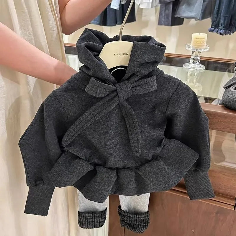 Girls Sweatshirt 2025 Autumn Winter Korean Style Fashion Cute Lovely Dark Gray Solid Color Ruffles Long Sleeve Hoodie