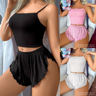 Ladies Pure Color Home Leisure Underwear Set Short Pants Top Thin Material Sleeveless Nightgown Comfortable Homewear Outfits