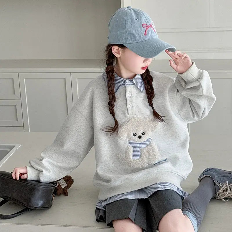 Sweatshirt Girls' 2025 New Faux Two-Piece Polo Hoodie Spring/Autumn Kids Medium-Large Loose Fit Cartoon Puppy Top