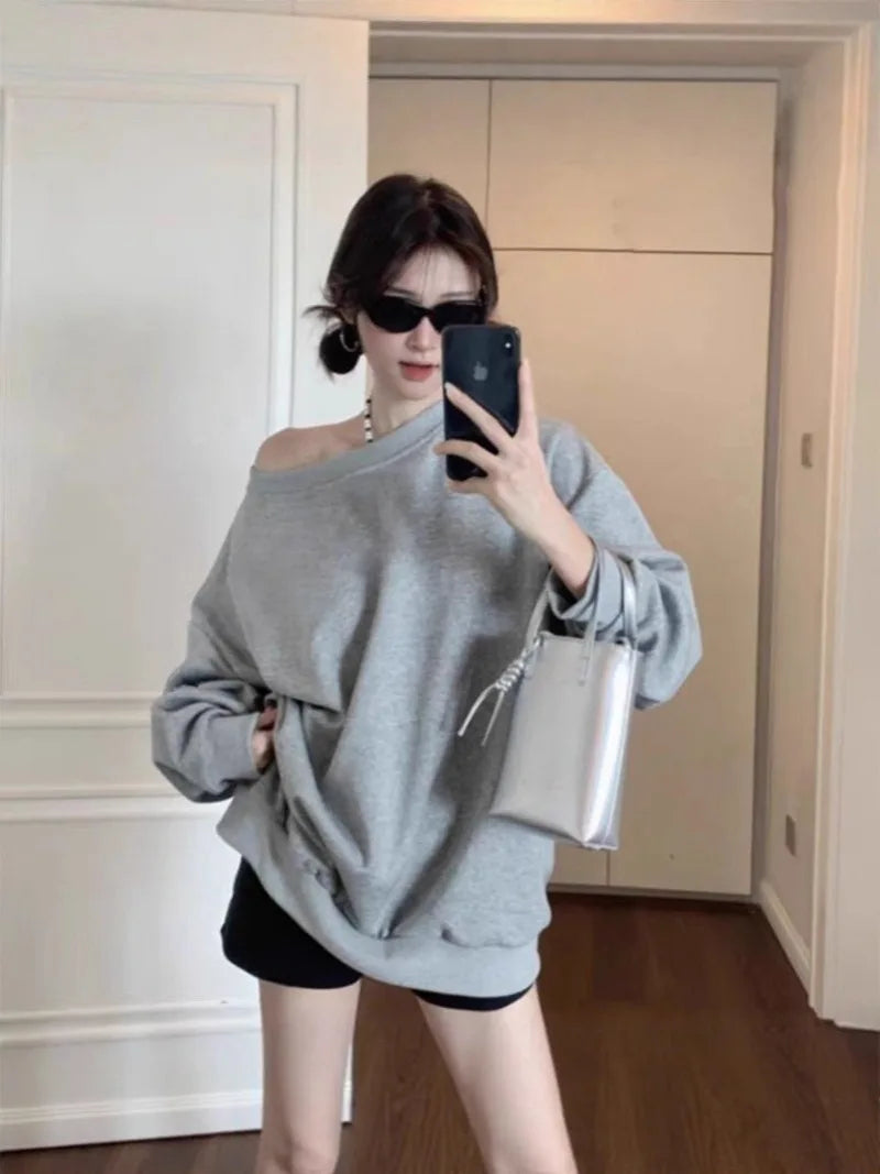 Off-Shoulder Sweatshirt Women's Spring Autumn Loose Minimalist Slimming Temperament Lazy One-Shoulder Top Sleeve Round Trend