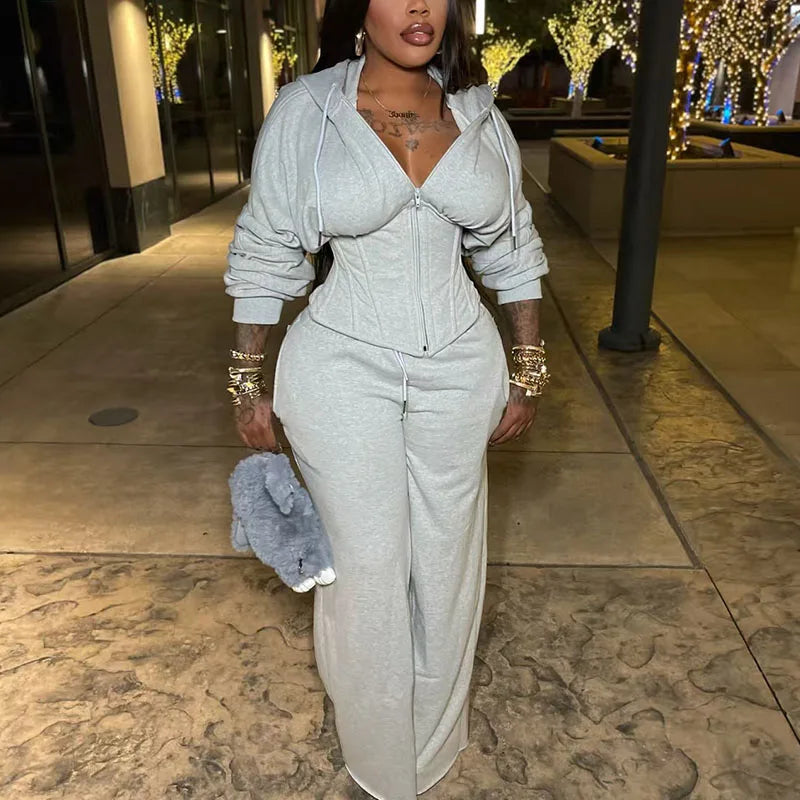 Streetwear Casual Tracksuit Woman 2 Piece Sets Sporty Zipper Hooded Lace-up Bandage Corset Jacket and Sweatpants Matching Set