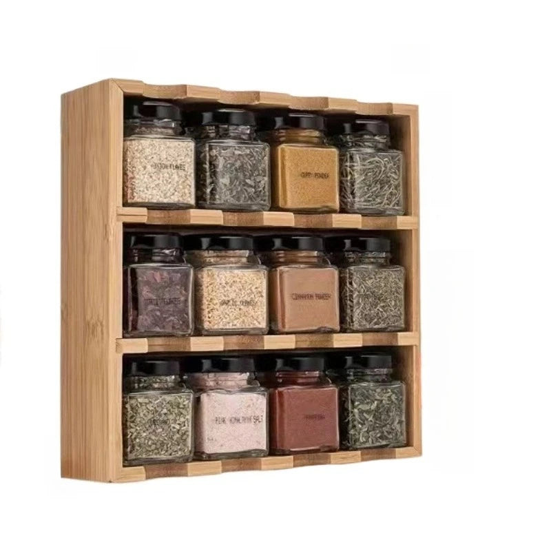 Wooden Kitchen Organizer 12-Grid Multi-Layer Spice Rack Home Essentials Multi-Function Condiment Storage Shelf with Storage Jars