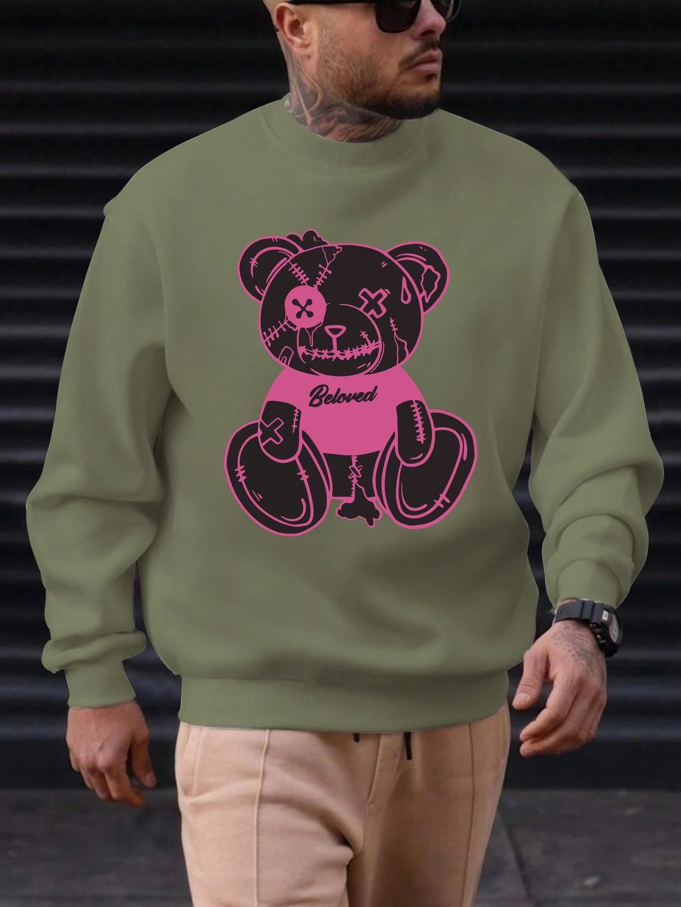Men's Sweatshirt 2025 New Arrival Edgy Streetwear Cozy Relaxed Fit Distressed Teddy Bear 'Beloved' Quote Bold Print Graphic Top