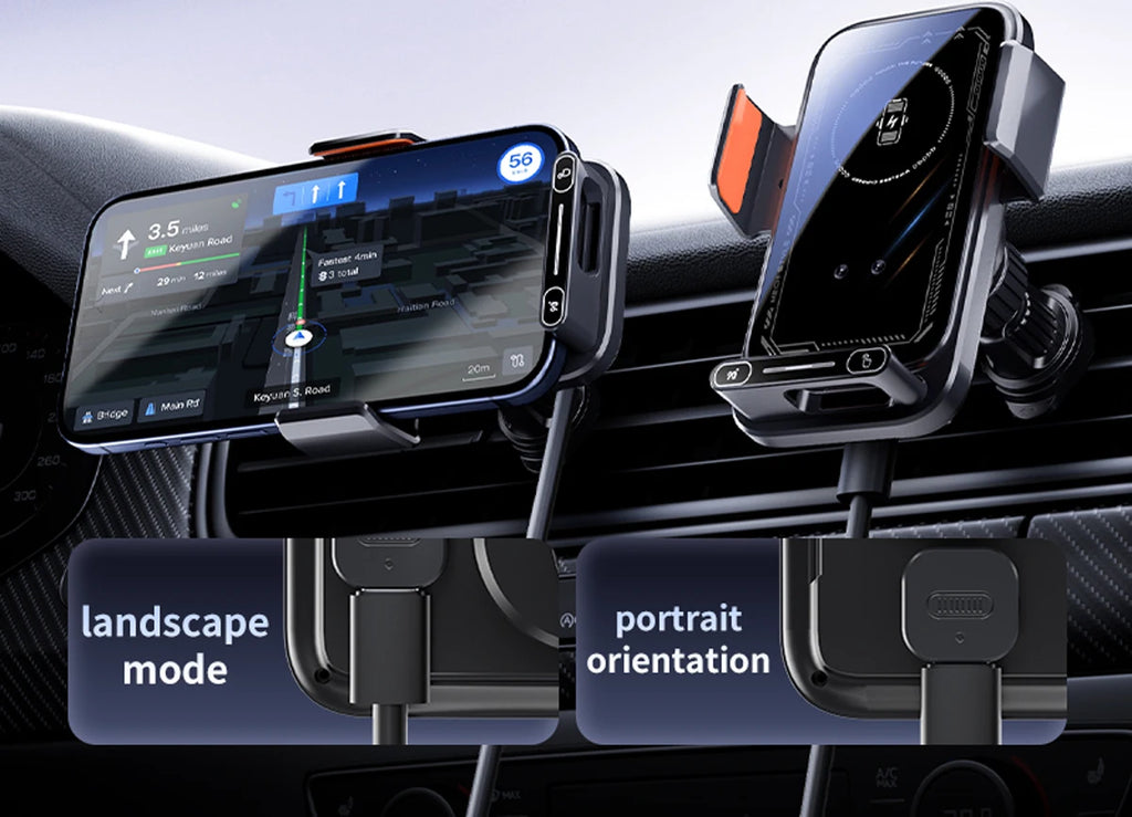 Car Phone Charger Phone Holder 15W Wireless & Wired Charger Auto Sensing One-Touch Release and Rotation Qi FCC ROHS Certified