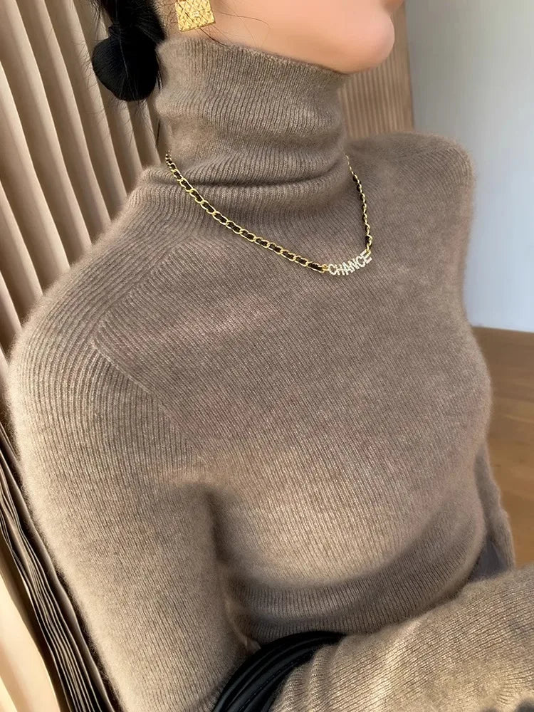 Autumn Winter Thiened Slim Fit Camere Sweater High Collar Knitted Wool Base irt Pure Color Crew Ne Sweater for Women