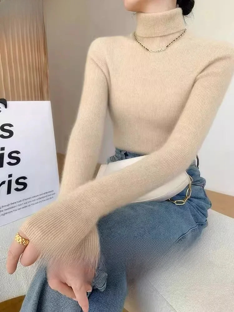 Autumn Winter Thiened Slim Fit Camere Sweater High Collar Knitted Wool Base irt Pure Color Crew Ne Sweater for Women