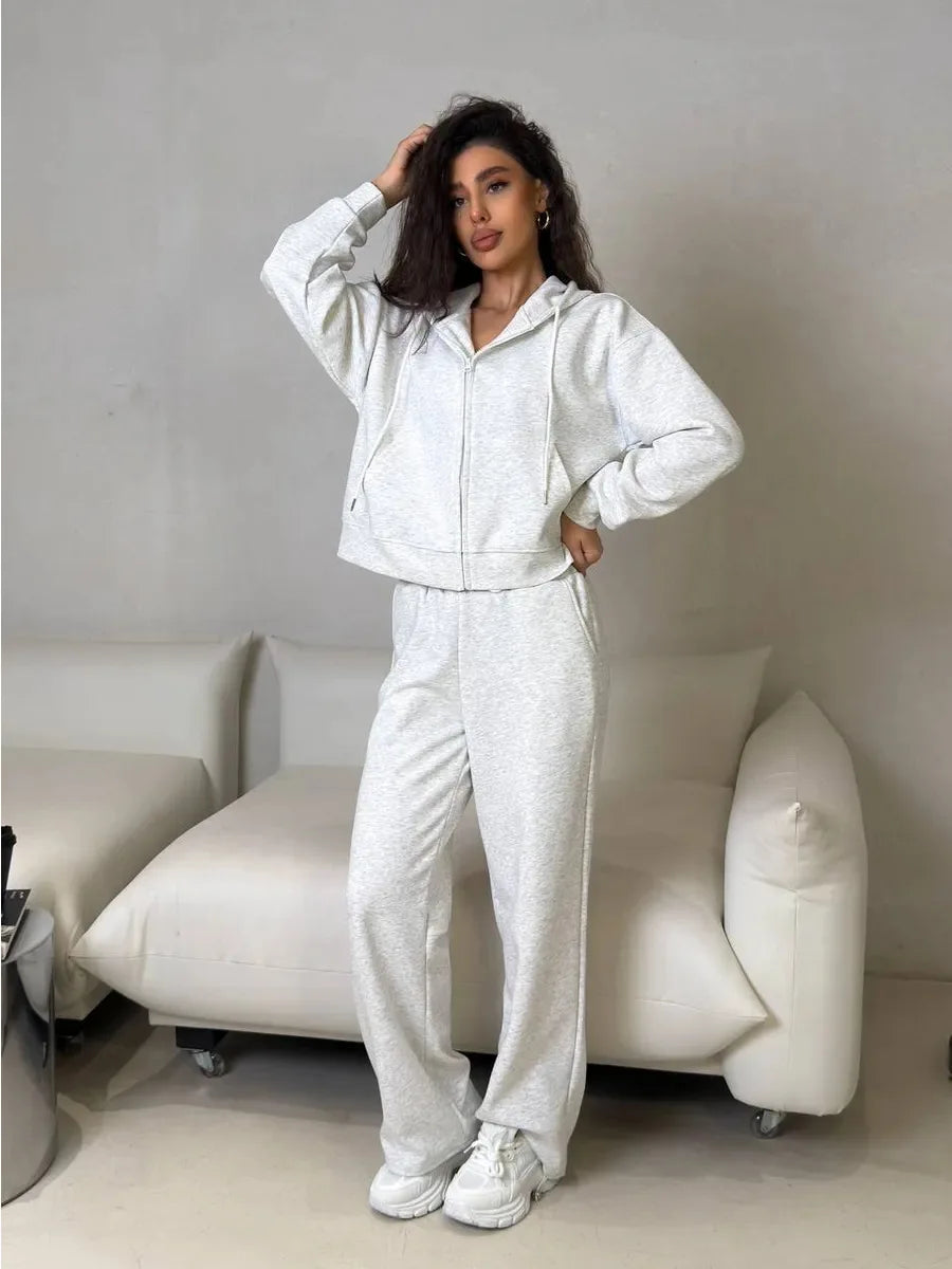 FSMG Casual Hooded Zippers Sweatshirts Pants Set Long Sleeved Cardigan Lace-up Sportswear Two Pieces Set Female Tracksuit Suit