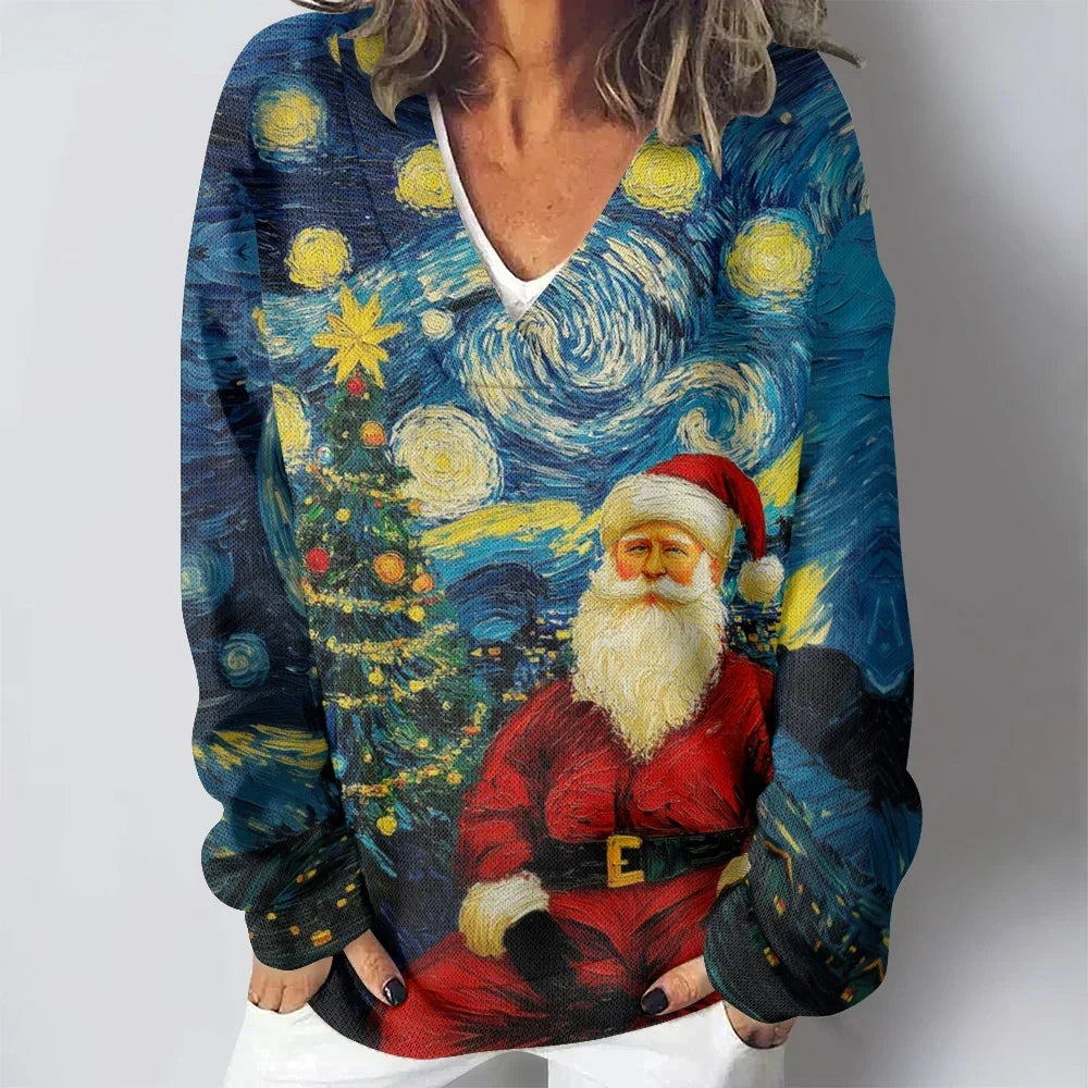 Women Sweatshirts Vintage Santa Claus Printed Oversized Deep V Neck Winter Tops Elegent Pullovers Long Sleeve Loose Jumper
