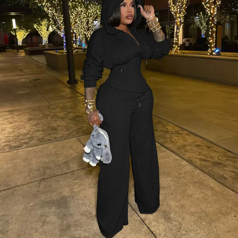 Streetwear Casual Tracksuit Woman 2 Piece Sets Sporty Zipper Hooded Lace-up Bandage Corset Jacket and Sweatpants Matching Set