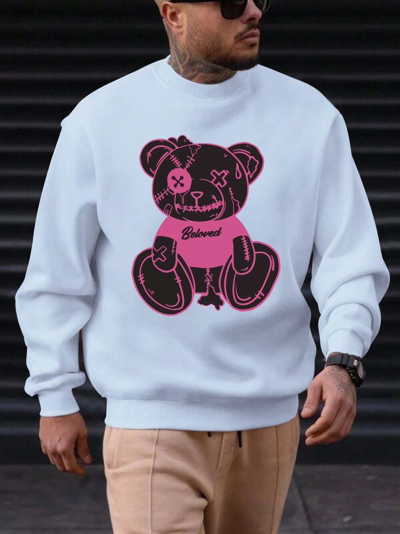 Men's Sweatshirt 2025 New Arrival Edgy Streetwear Cozy Relaxed Fit Distressed Teddy Bear 'Beloved' Quote Bold Print Graphic Top