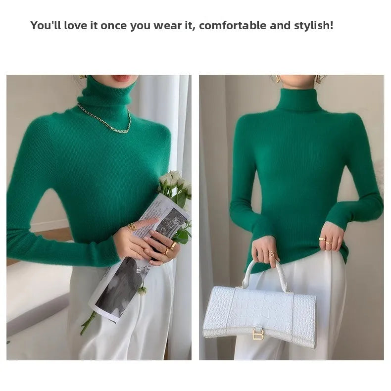 Autumn Winter Thiened Slim Fit Camere Sweater High Collar Knitted Wool Base irt Pure Color Crew Ne Sweater for Women