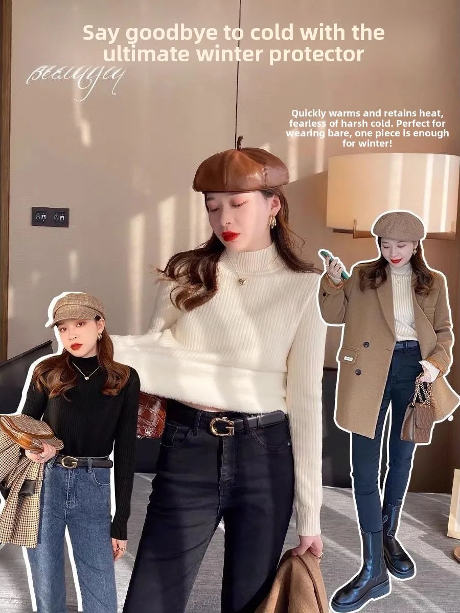 plus Size Fce Lined Knitted Sweater Women's Inteated Velvet f High Collar Base irt Inner Warm Top Commute Sle Kor...