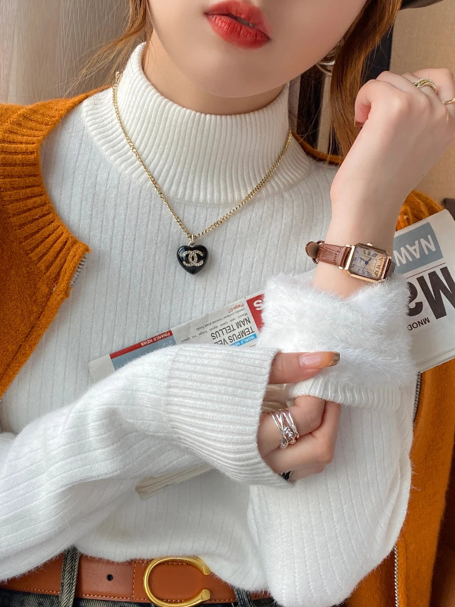 Women's Fce Lined Thiened Autumn Winter Knitwear f High Collar  Velvet Inner irt Warm Top White Color